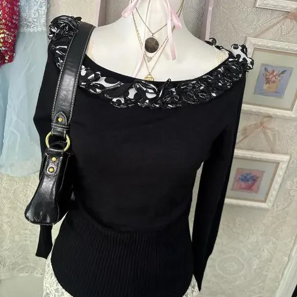 vintage black polka dot‎ grunge off the shoulder top - Picture 6 of 7